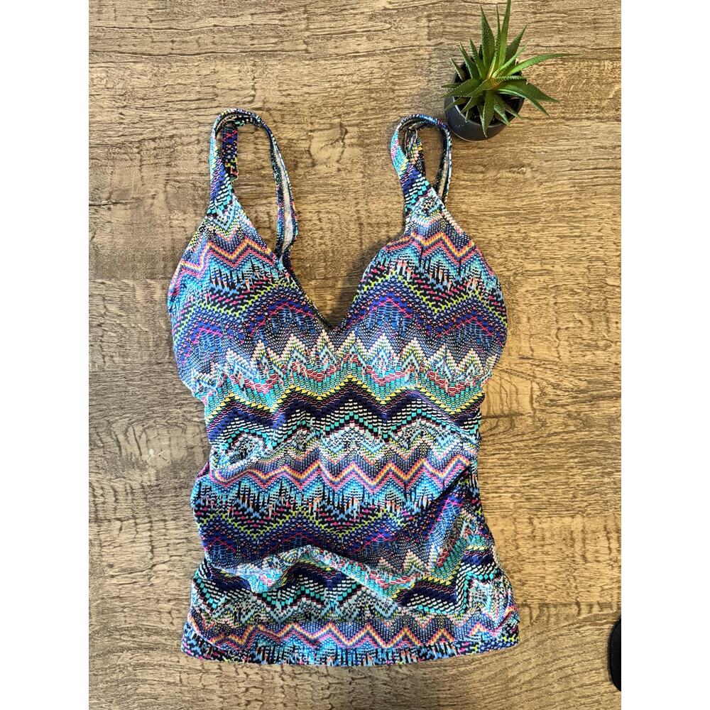Gottex Skyline Chevron Tankini Top‎ Sz 34D Colorful Boho Zigzag Swimwear V-Neck